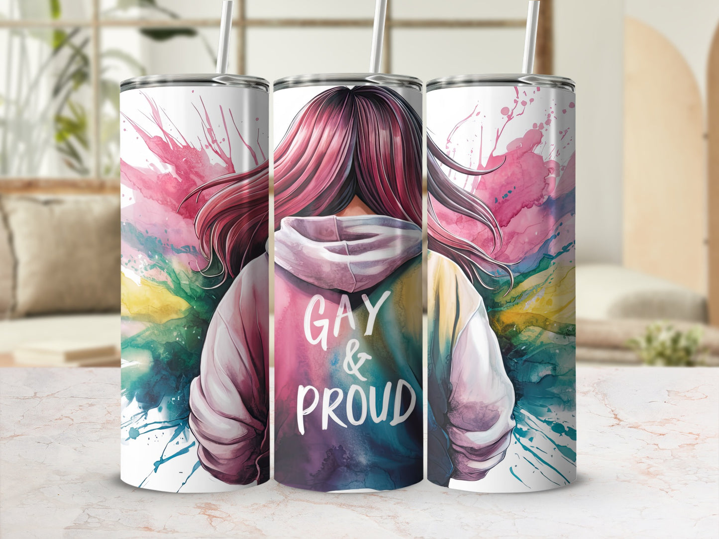 Tumbler with "Gay & Proud" text on a person with pink hair and colorful background.