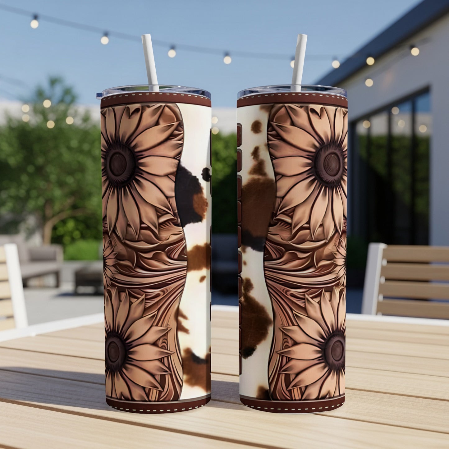Sunflower and cowhide pattern on two tumblers with straws on a table.