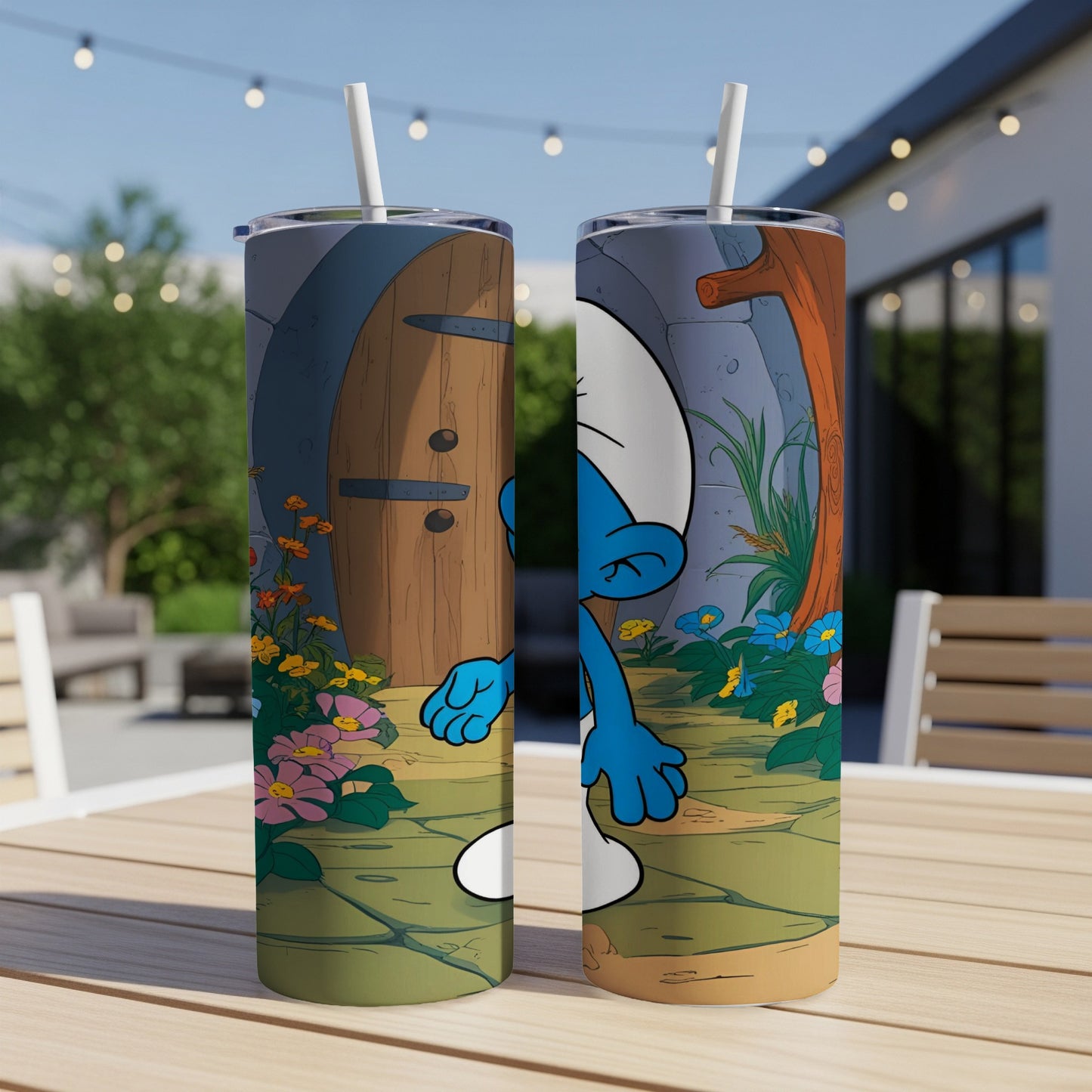 Smurf character in a forest setting, appearing on two matching tumblers.