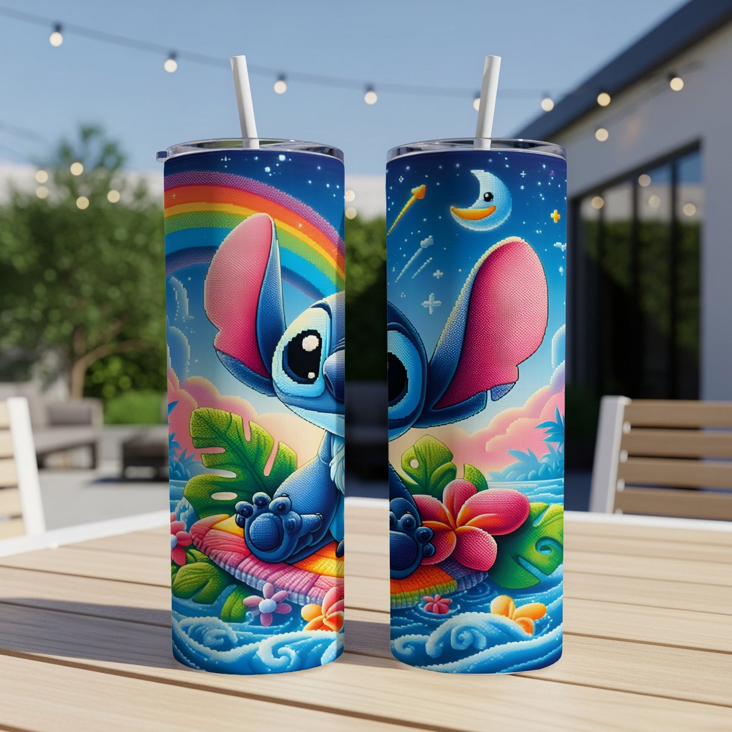 Stitch character on a colorful tumbler with tropical flowers and a rainbow.