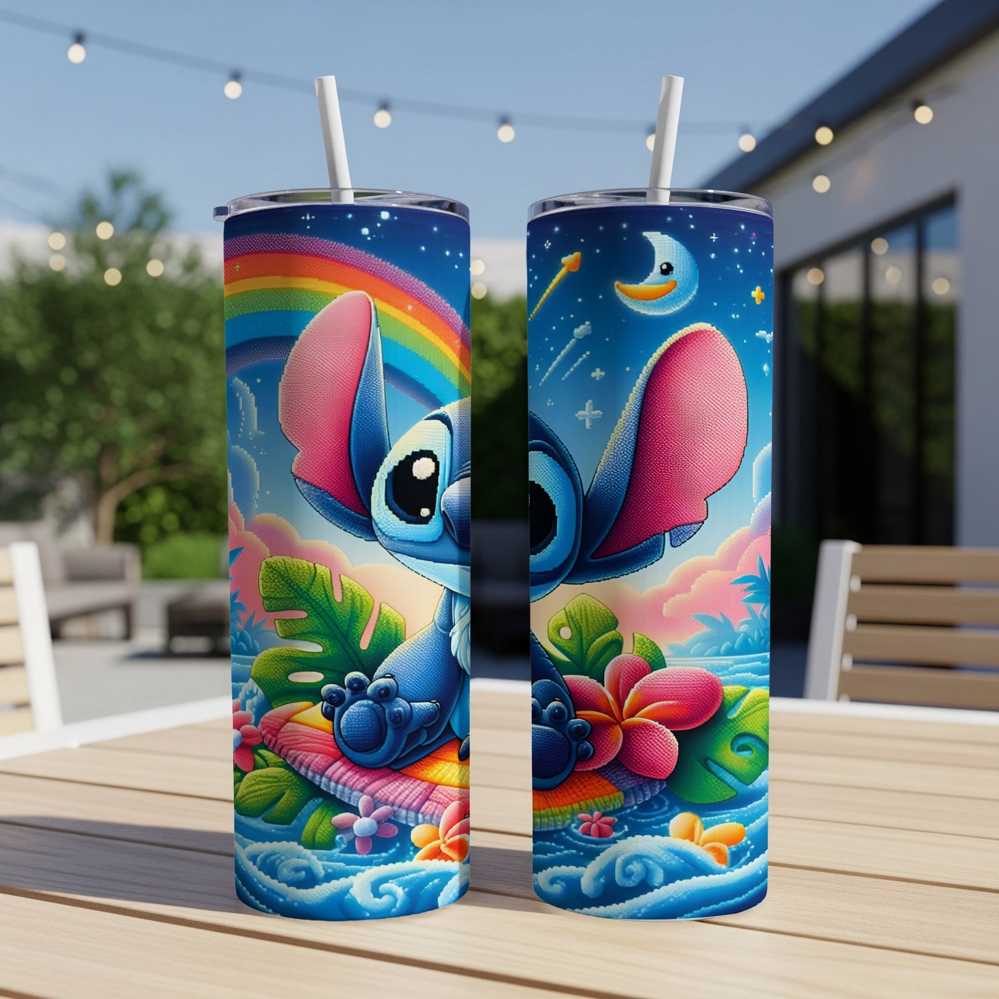 Stitch character on a colorful tumbler with tropical flowers and a rainbow.