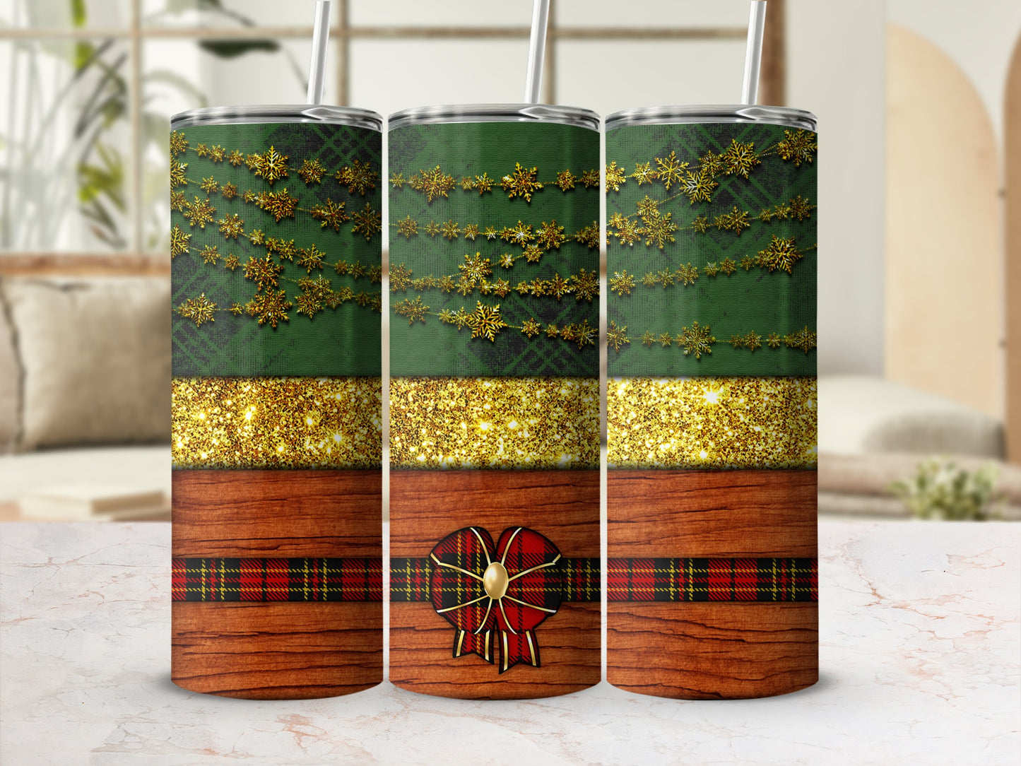 Green plaid tumbler with gold glitter, snowflakes, and plaid bow.