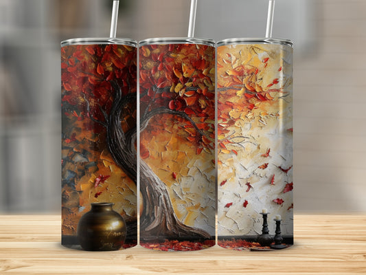 Three tumblers display abstract autumn tree art with falling leaves.