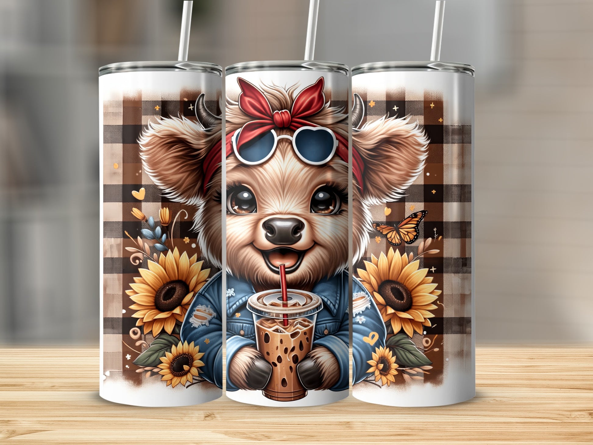 Cow wearing sunglasses and holding iced coffee with sunflowers.