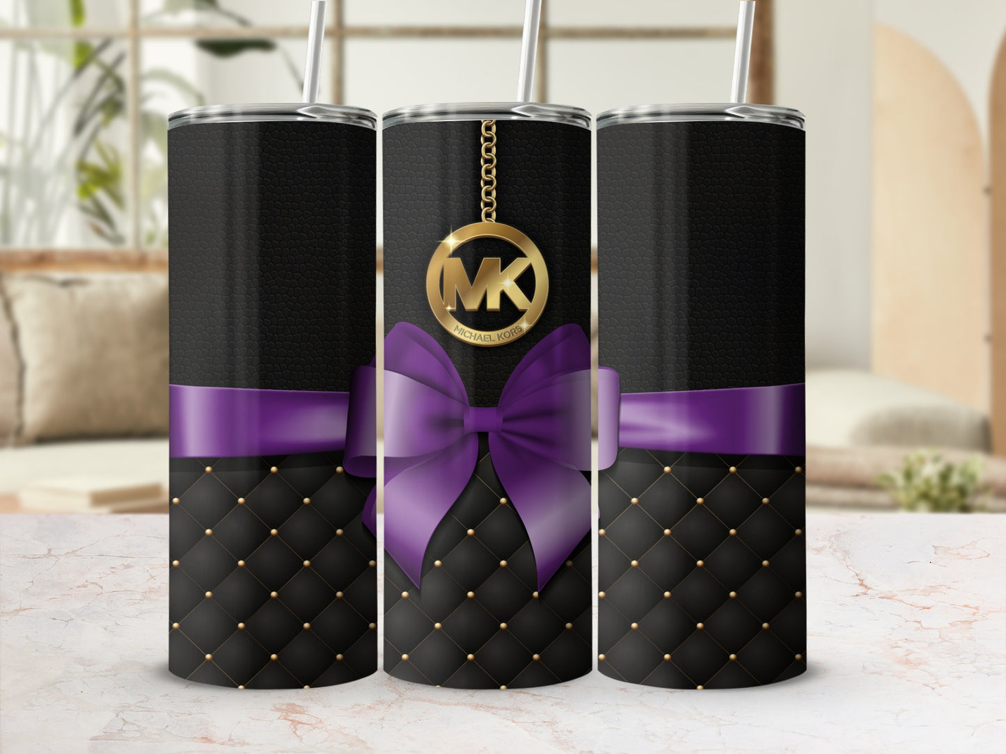 Elegant Black Tumbler with Purple Bow and Gold Accents Tumbler