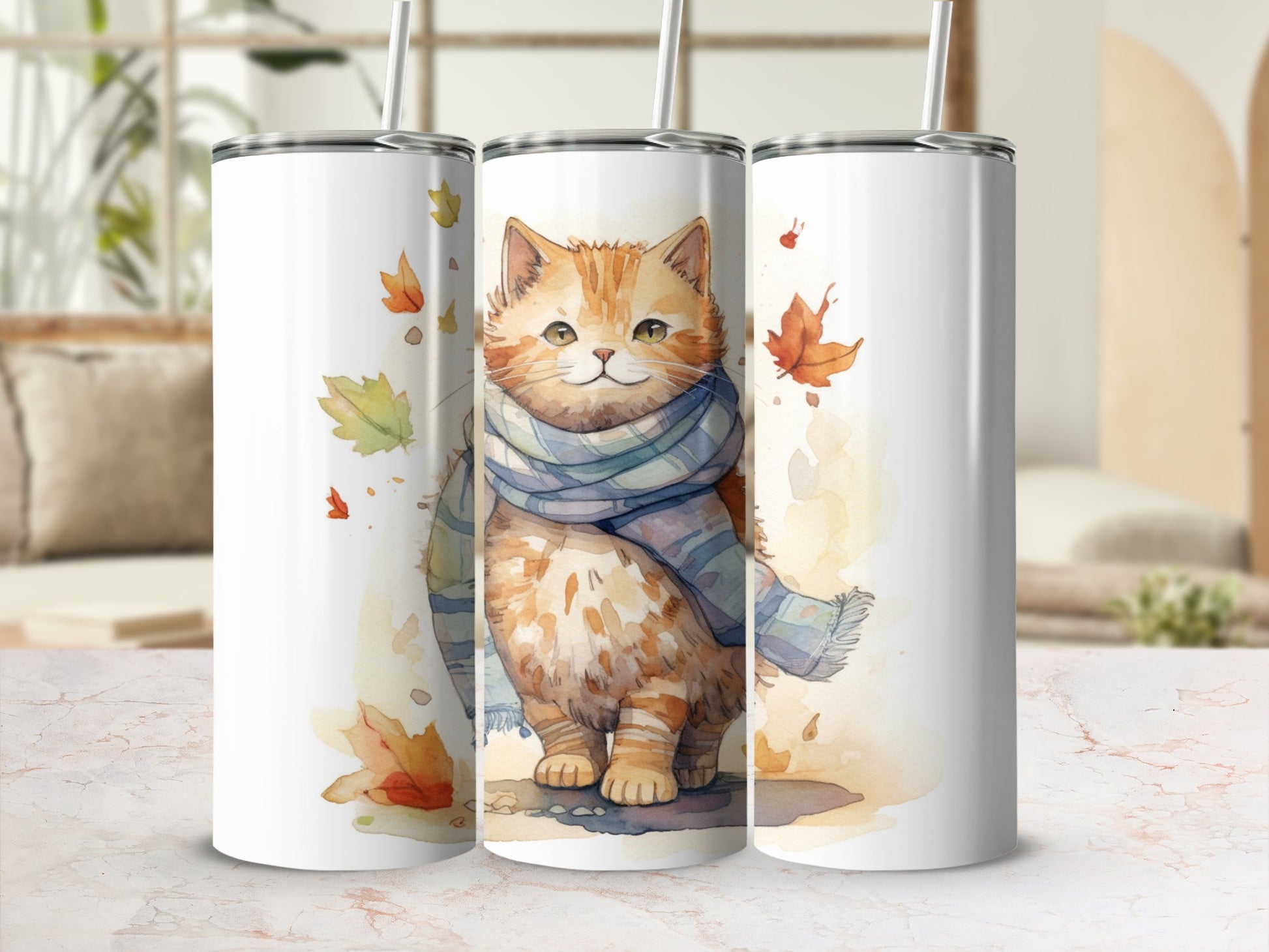 Watercolor tabby cat in a scarf with autumn leaves.