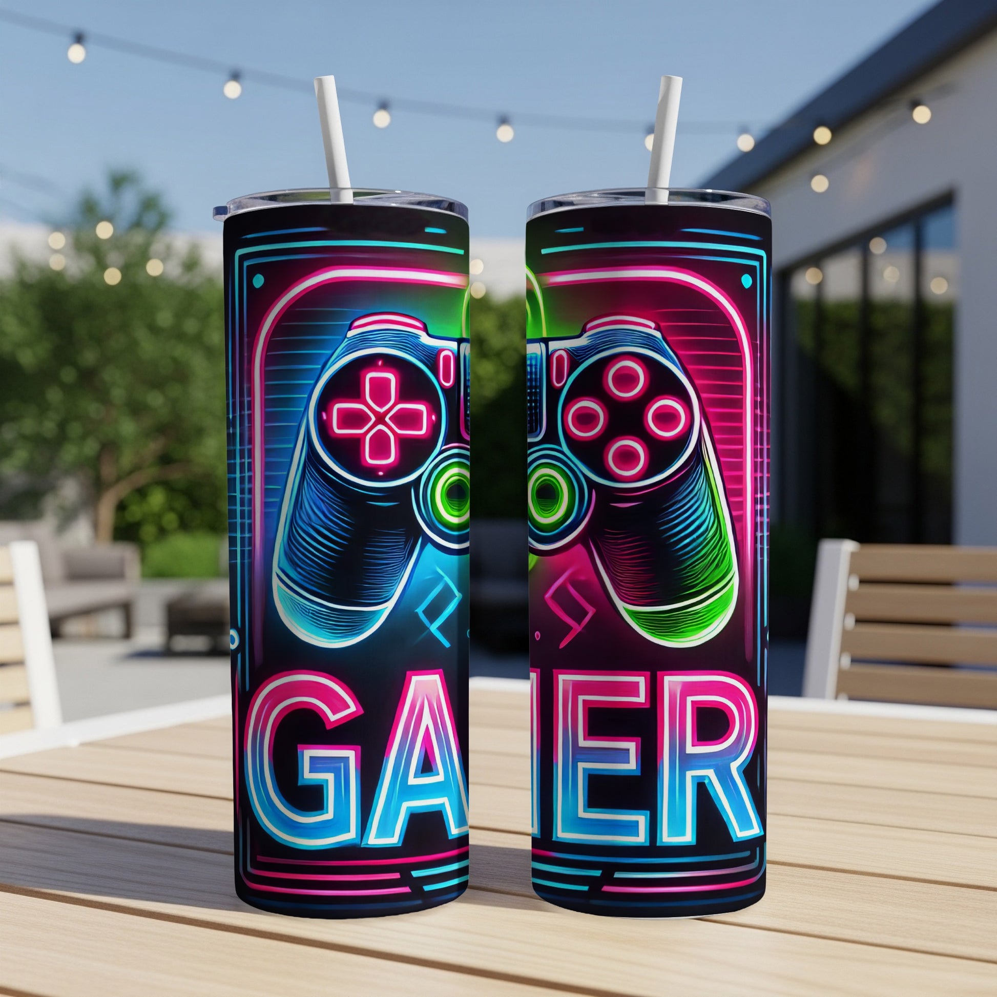 Neon "GAER" text and a gamepad design on two tumblers.
