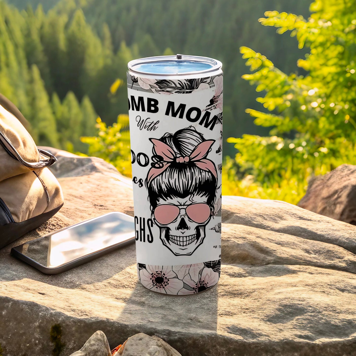 Cool Mom With Tattoos and Messy Bun Design Tumbler
