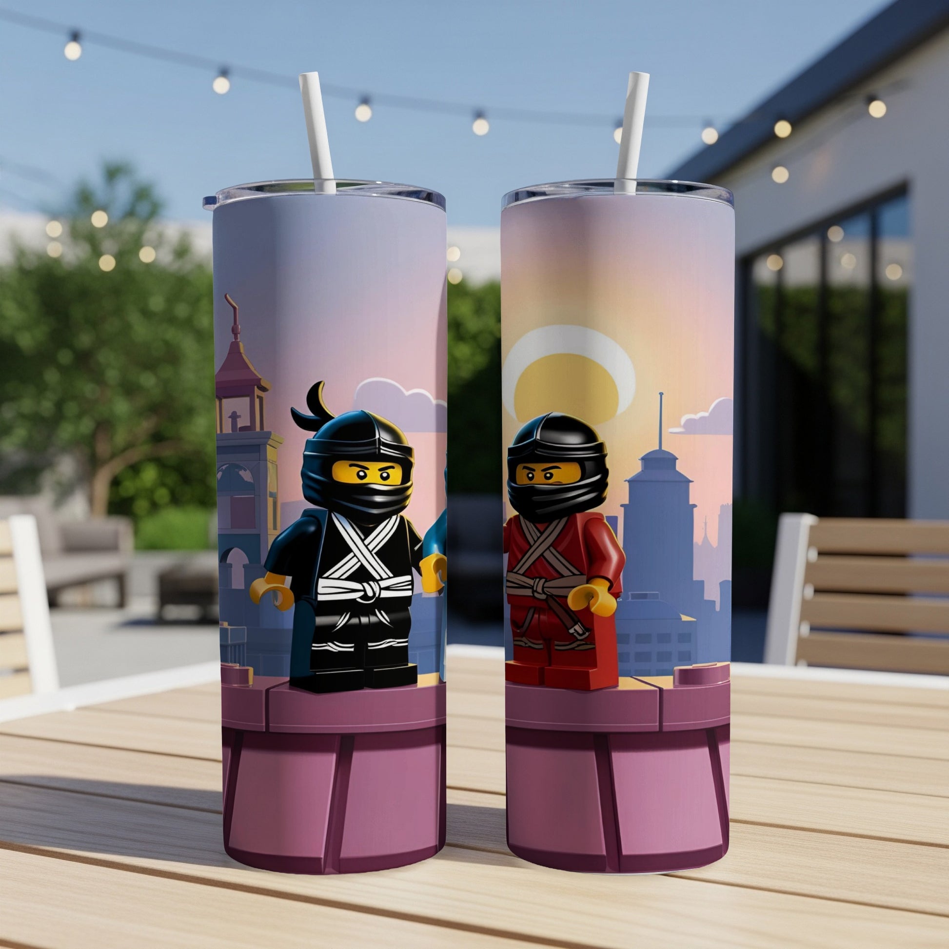 Two Ninjago characters, one in black and one in red, on tumblers.