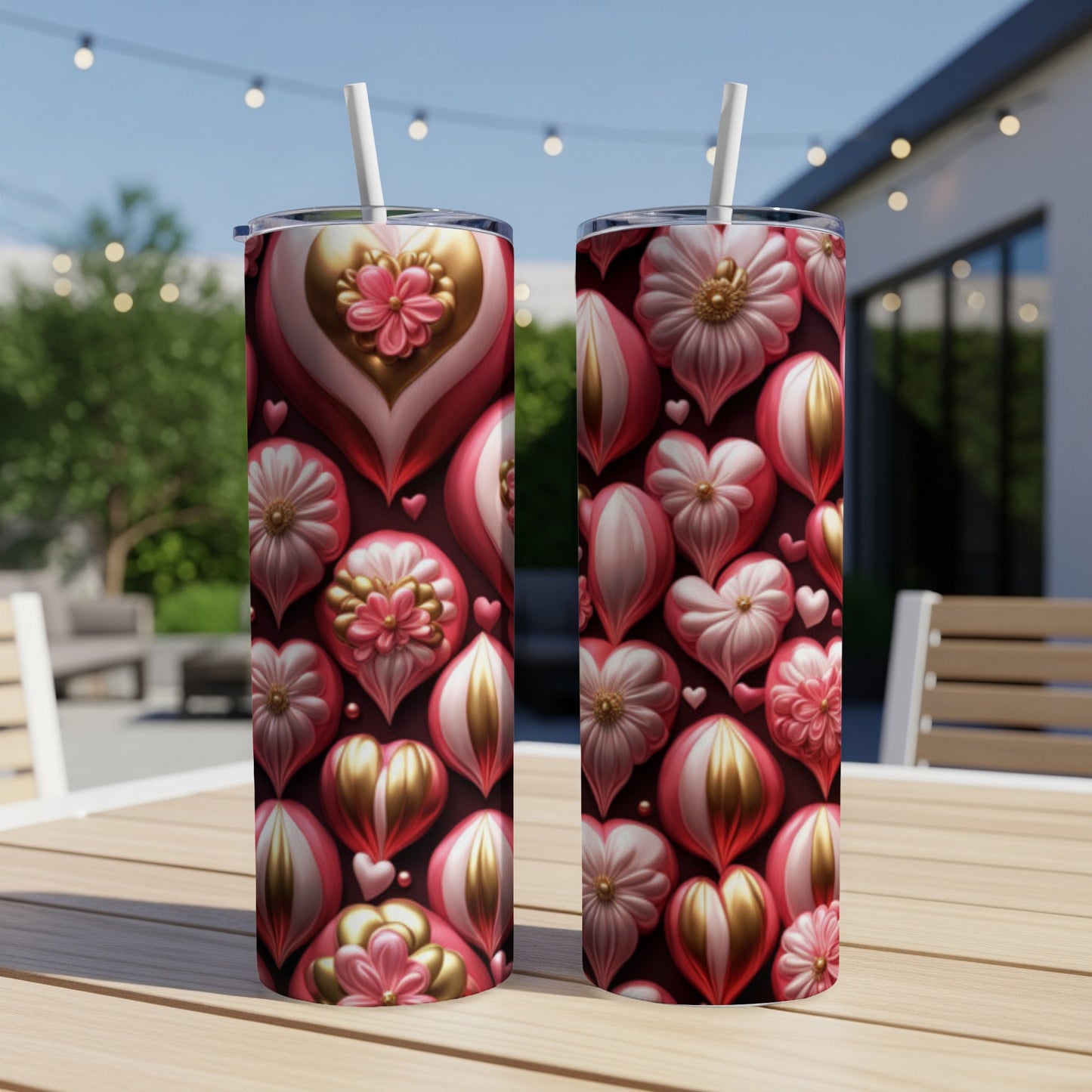 Two tumblers with a dark floral and heart pattern featuring pink and gold elements.