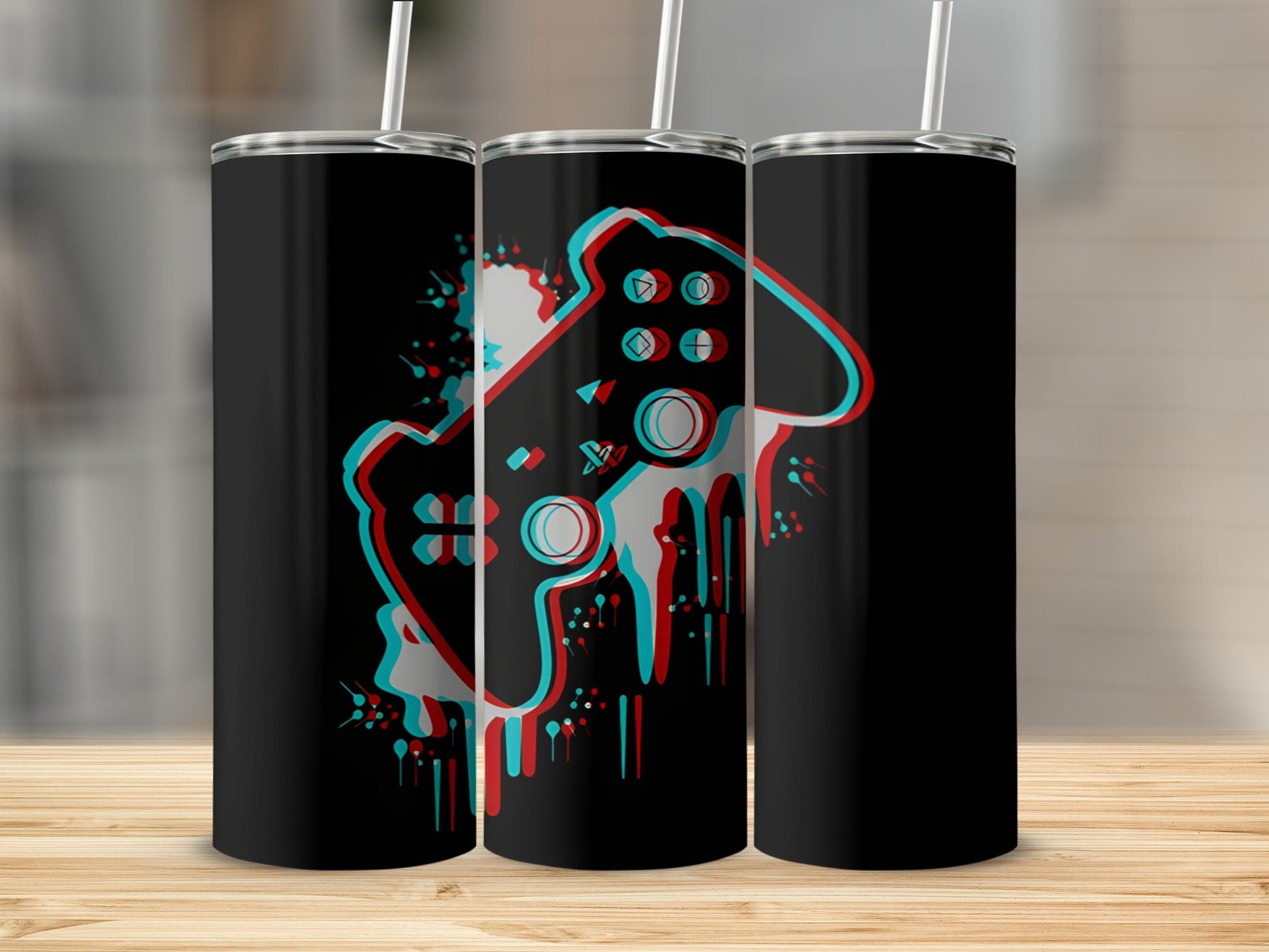 Black tumbler with glitch art video game controller design.