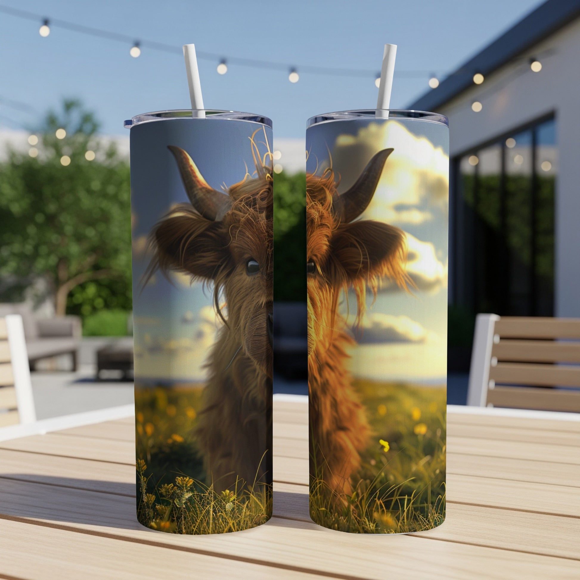 Two tumblers featuring a fuzzy Highland cow portrait in a field.