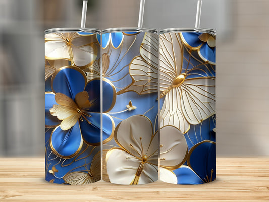 Three tumblers with blue and white flowers and gold butterflies.