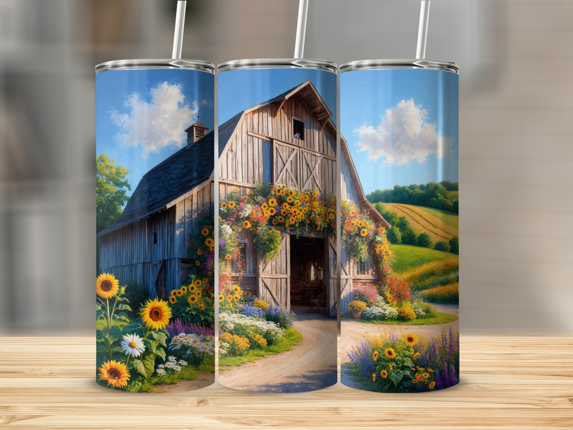 Barn with sunflowers and colorful flowers under a blue sky.