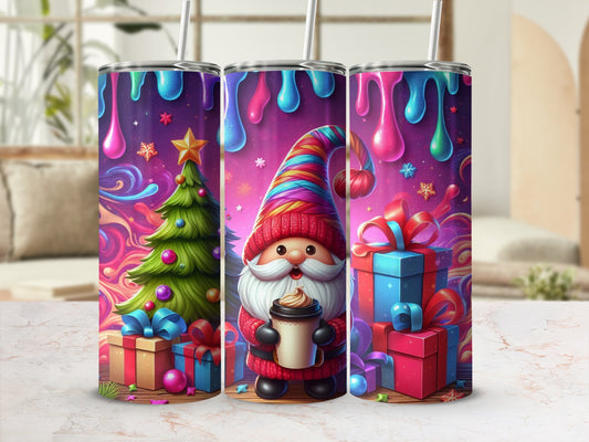 Gnome holding coffee with Christmas tree and gifts.