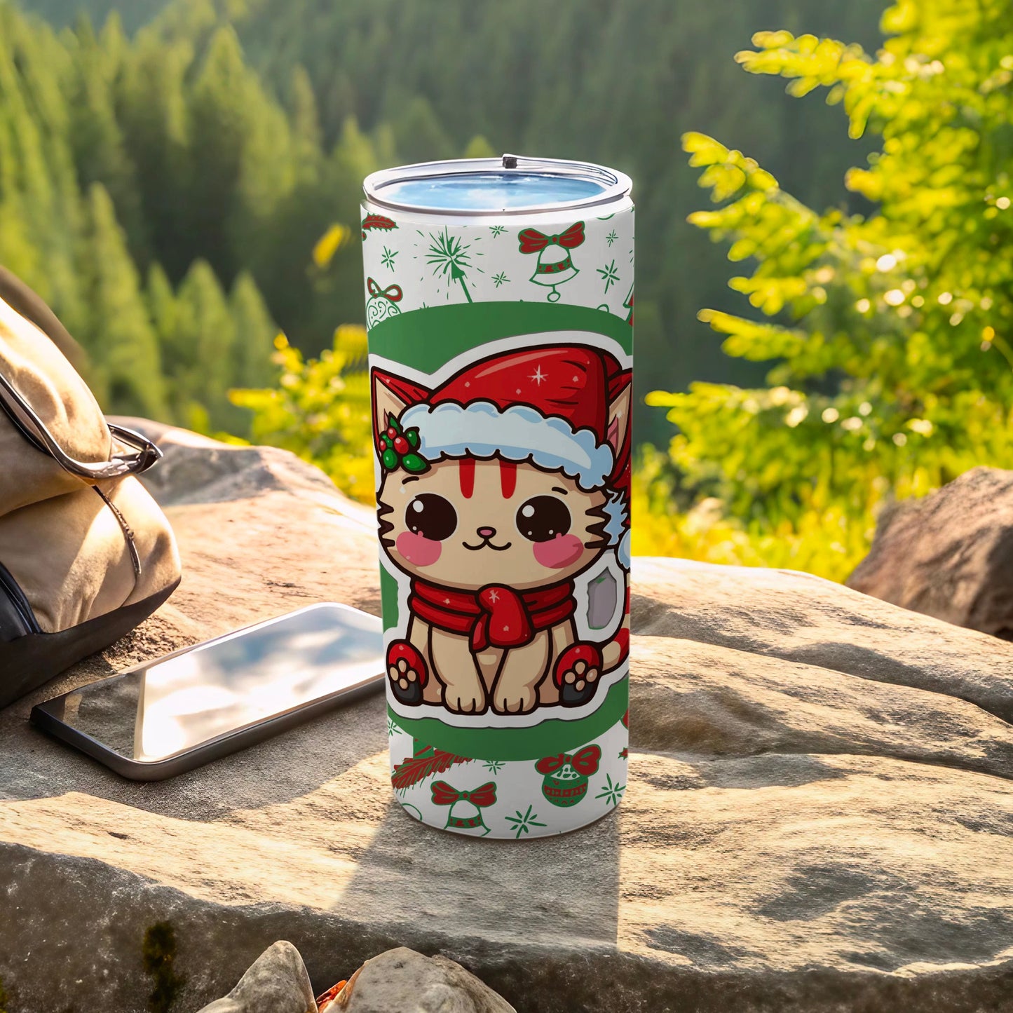 Cute Kitten Holiday Tumbler with Festive Decorations