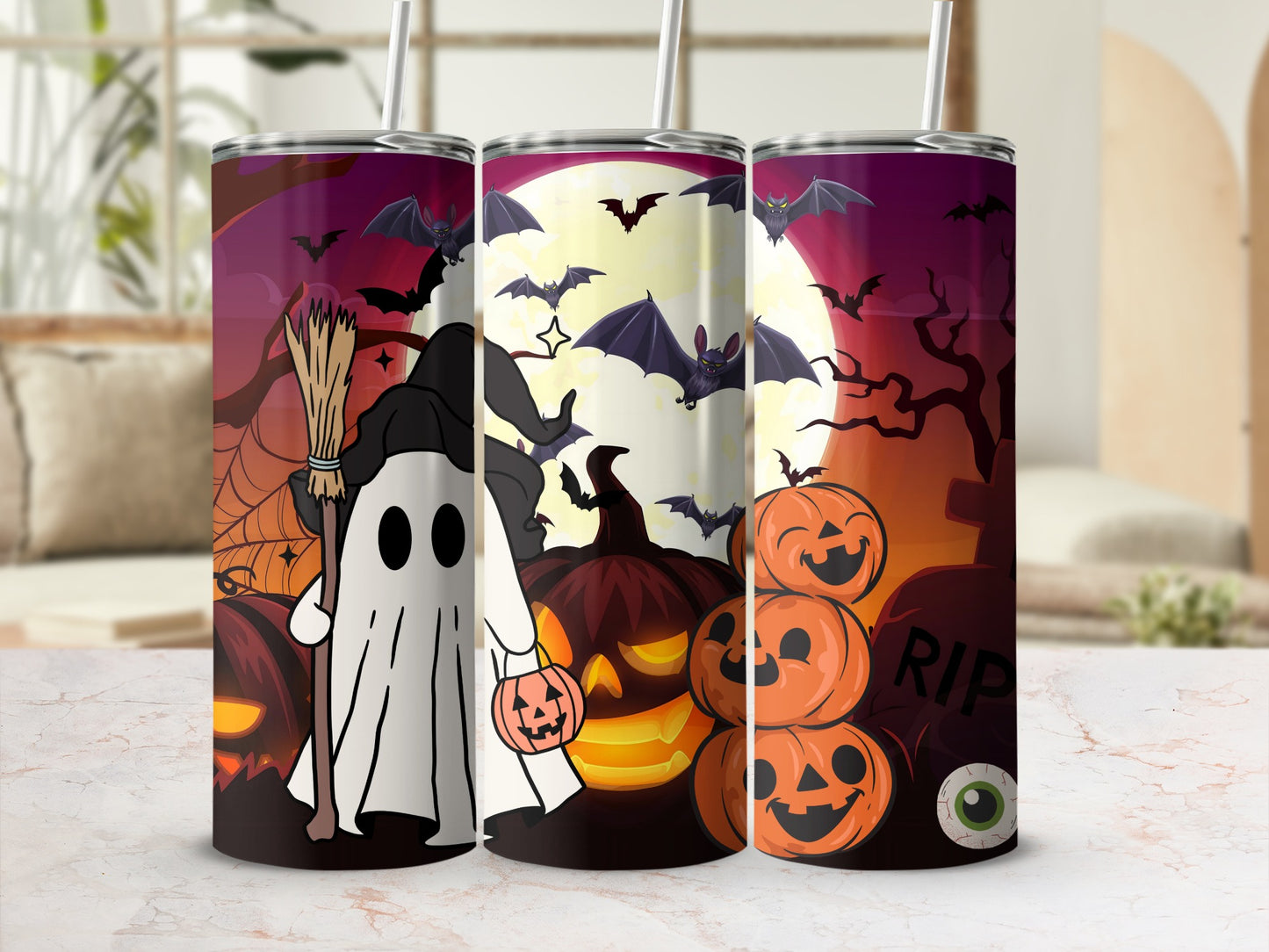 Halloween tumblers feature ghosts, pumpkins, bats, and a tombstone with RIP.