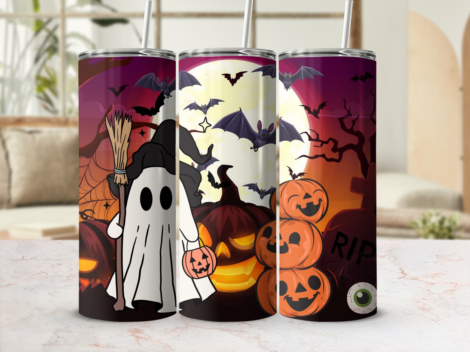 Halloween tumblers feature ghosts, pumpkins, bats, and a tombstone with RIP.