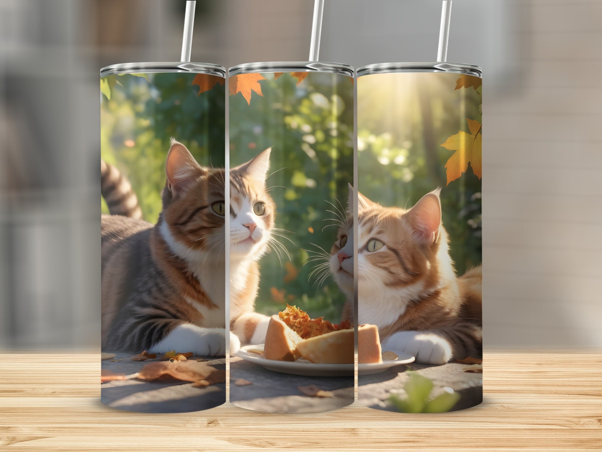 Two cats observe a plate of food on a wooden surface outdoors.