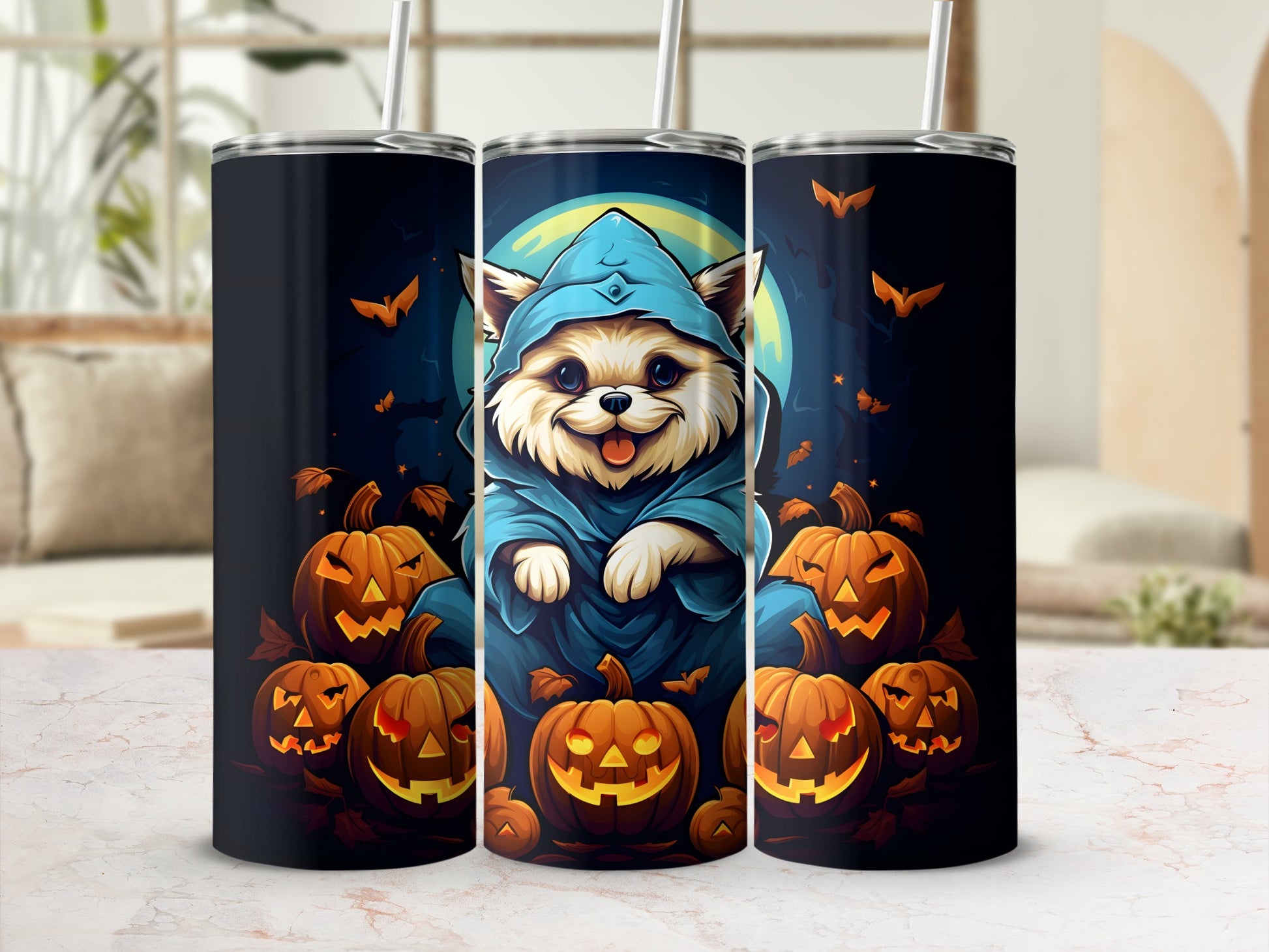 Halloween tumbler with a smiling dog in a blue robe surrounded by jack-o'-lanterns.