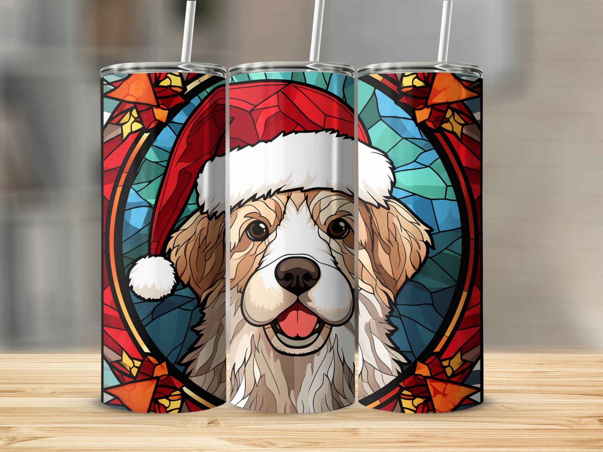 Dog in Santa hat against stained glass background on three tumblers.