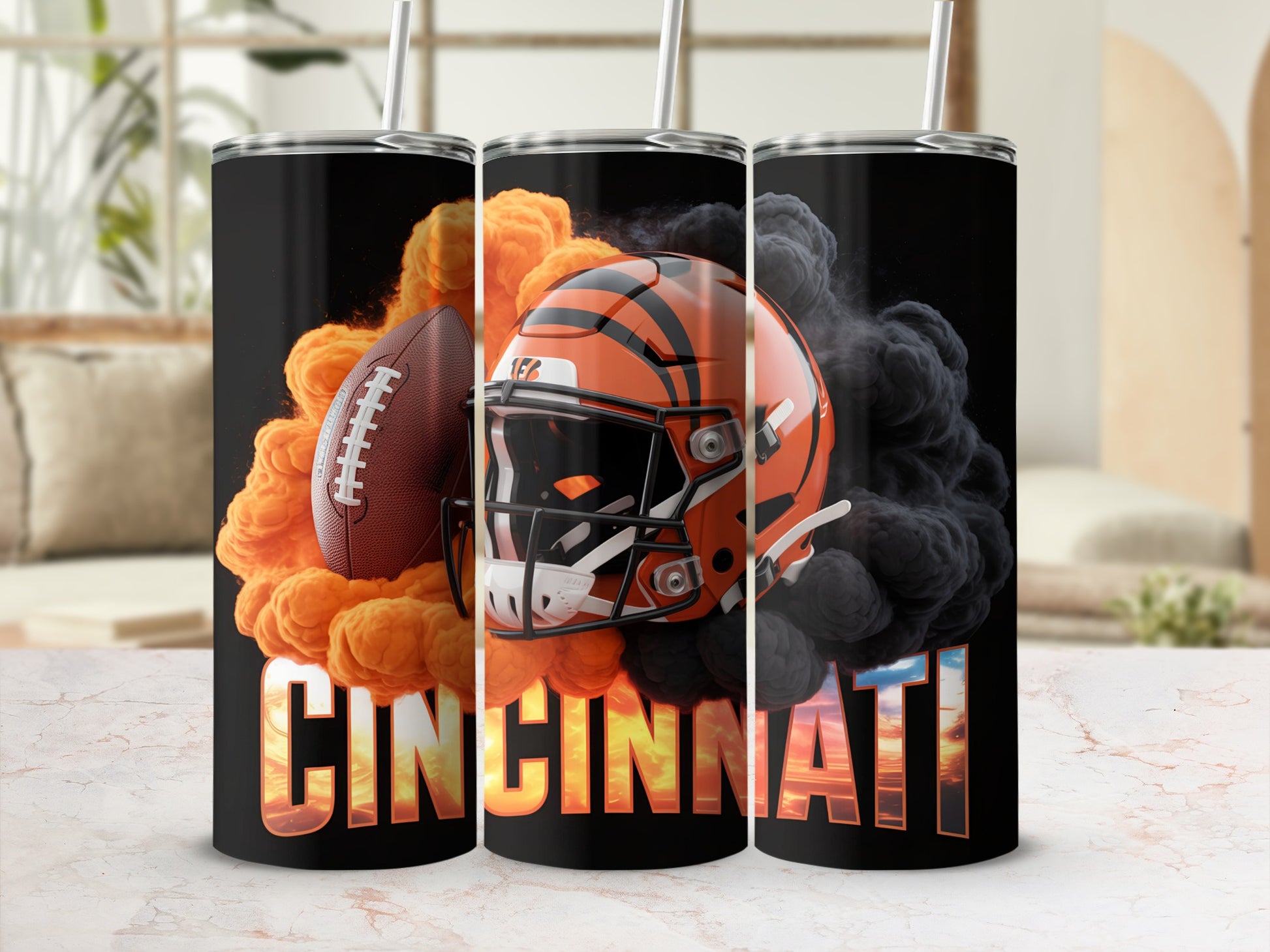 Cincinnati Bengals helmet and football with orange and black smoke.