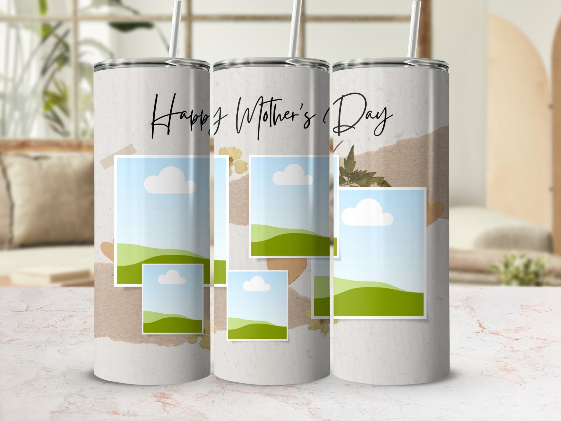Three tumblers with "Happy Mother's Day" text and overlaid picture frames.