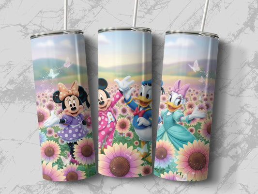 Colorful Cartoon Characters in Flower Field Tumbler