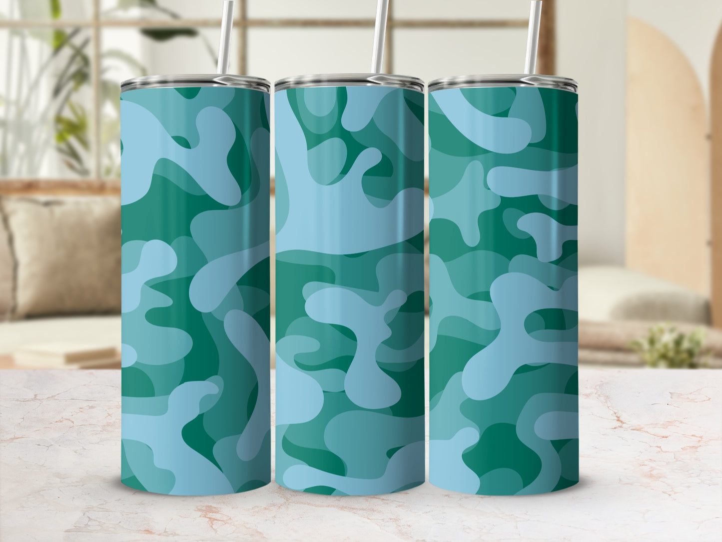 Vibrant Blue and Green Camouflage Patterned Tumbler