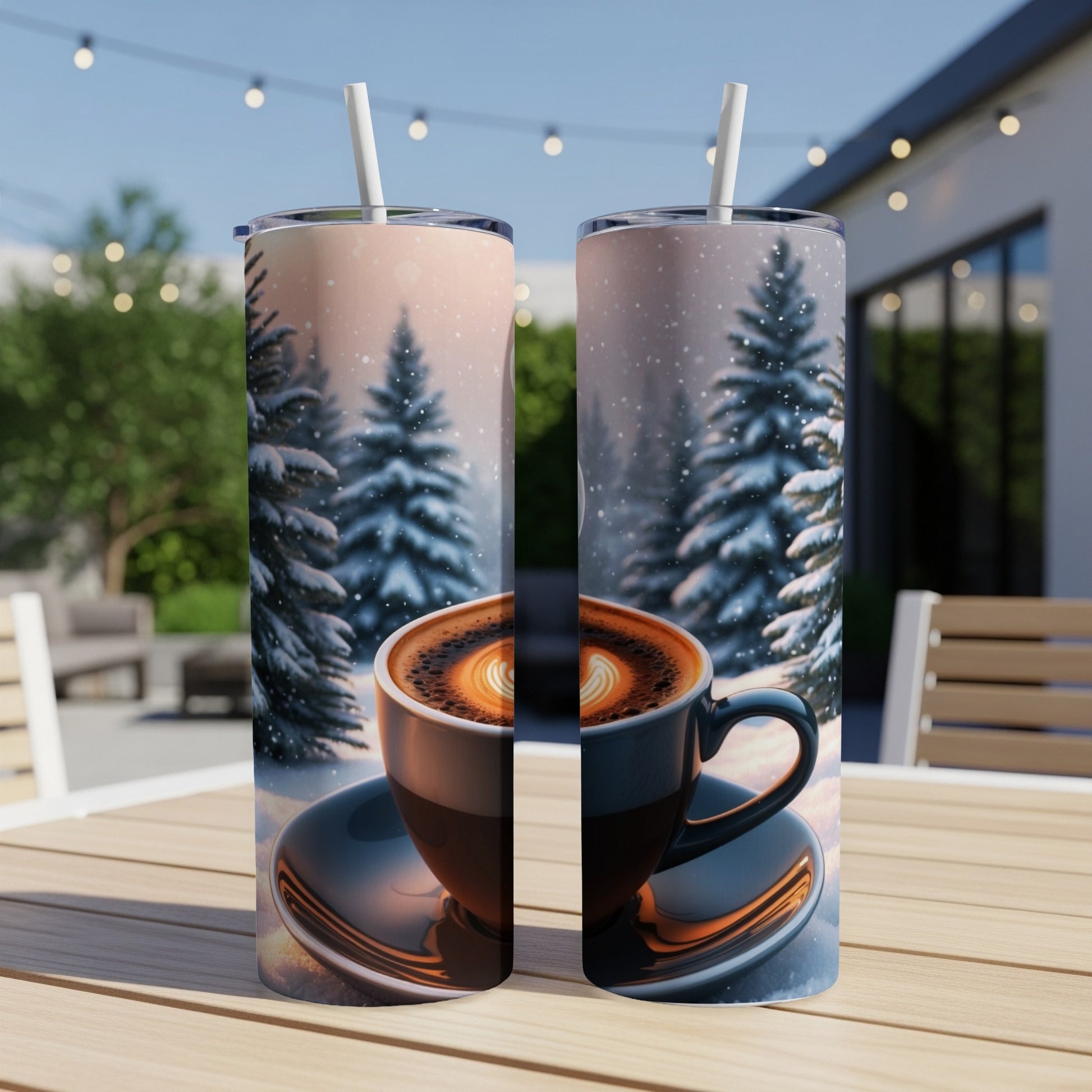 Two tumblers with a winter scene and steaming coffee cup design.