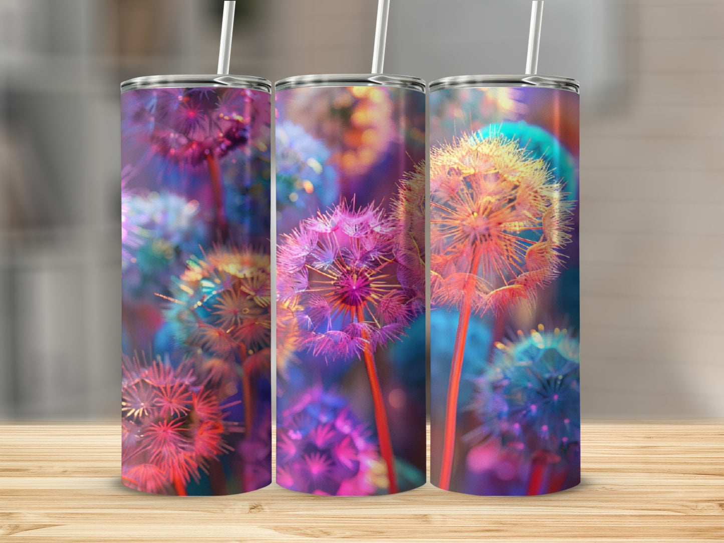 Three tumblers with glowing dandelion seed heads on a wooden surface.