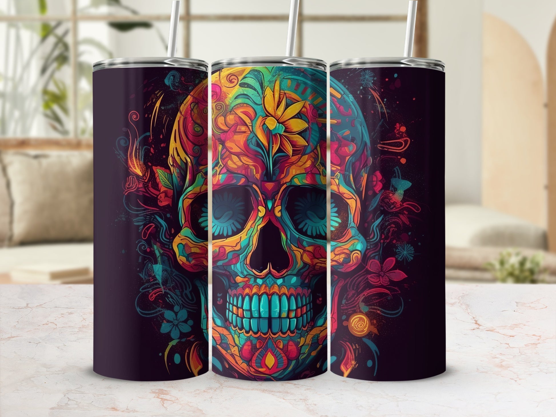 Colorful Skull Design Stainless Steel Tumbler
