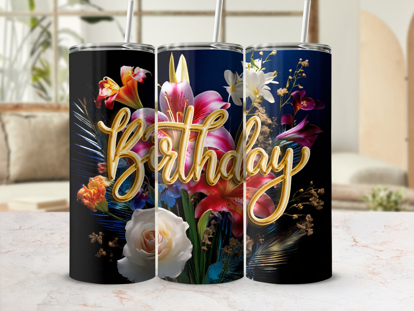 Black tumbler with "Birthday" in gold script surrounded by colorful flowers.
