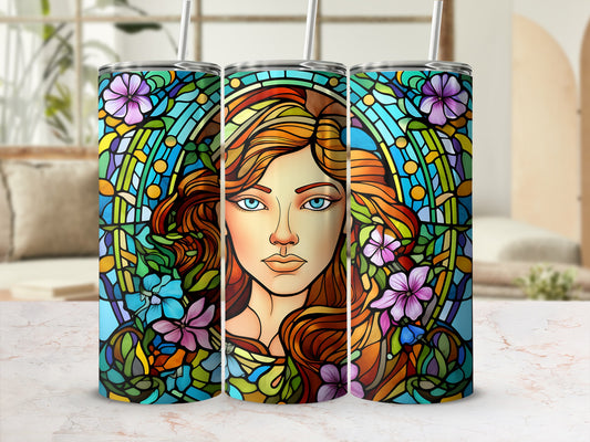 Three tumblers with stained glass style portrait of a woman surrounded by flowers.