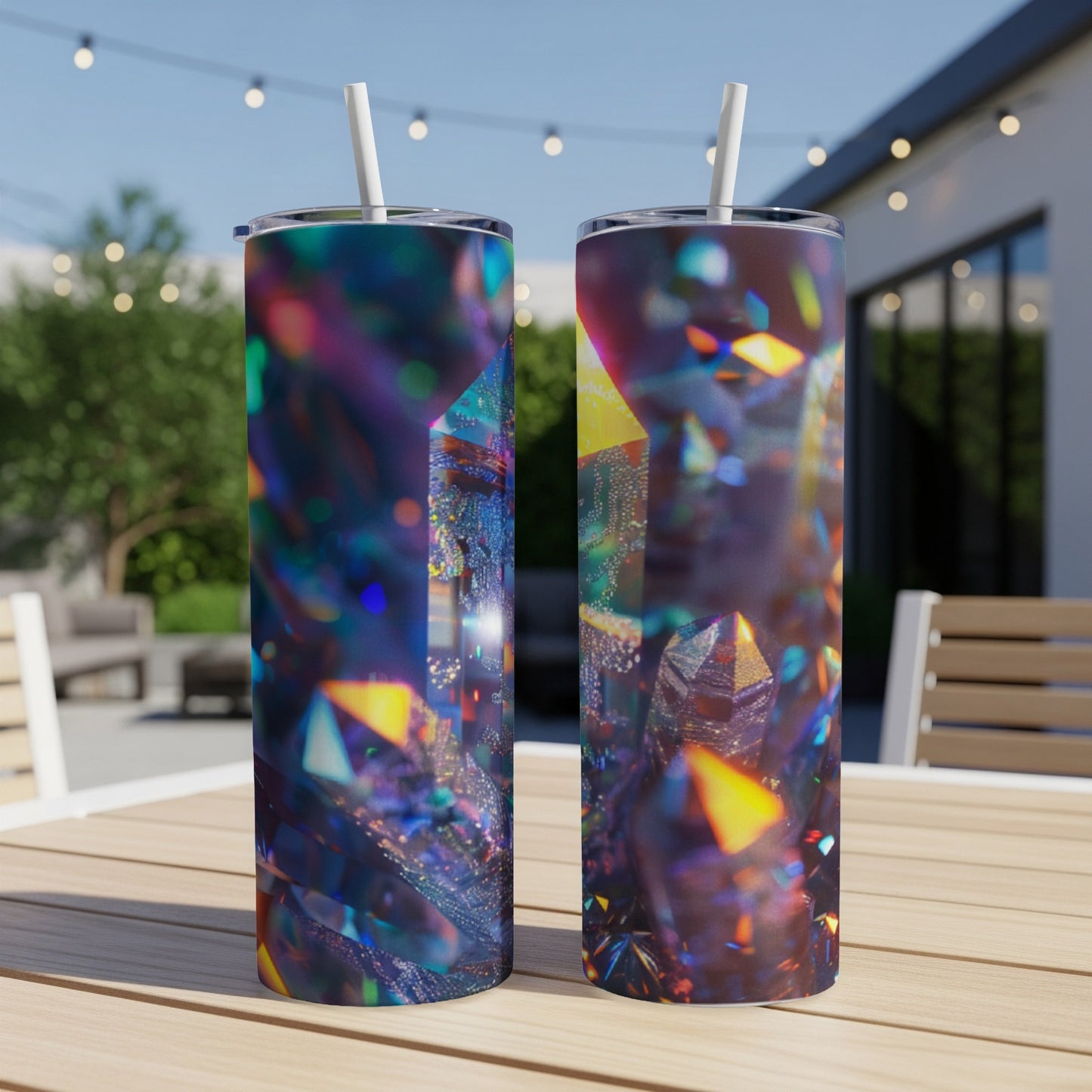 Two tumblers with abstract colorful crystal pattern on a wooden table.