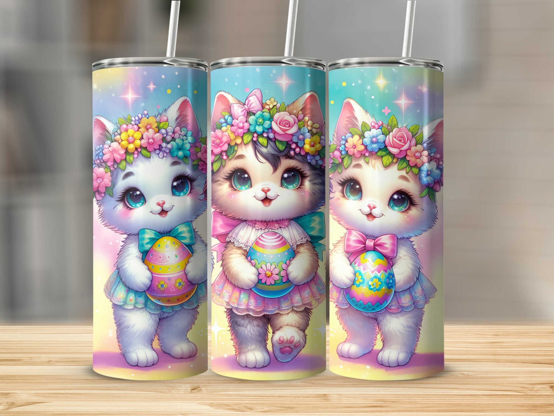 Three cartoon cats with flower crowns and Easter eggs.