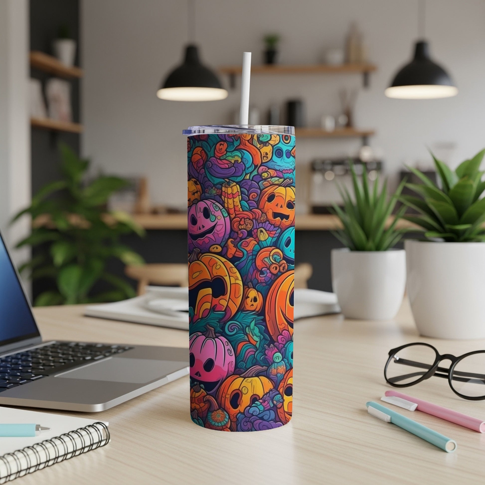 Tall tumbler with colorful Halloween-themed pumpkins and characters.