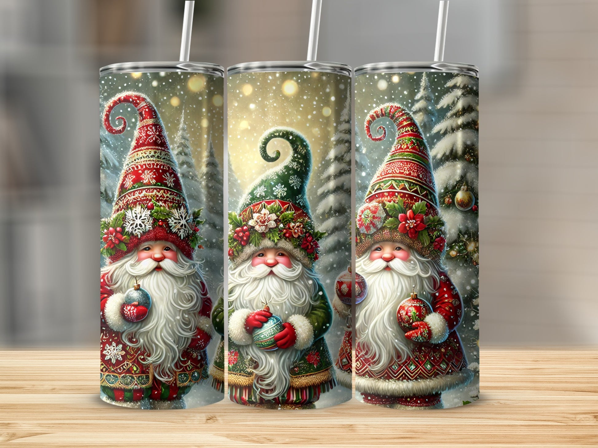Three whimsical gnomes in festive Christmas attire holding ornaments.