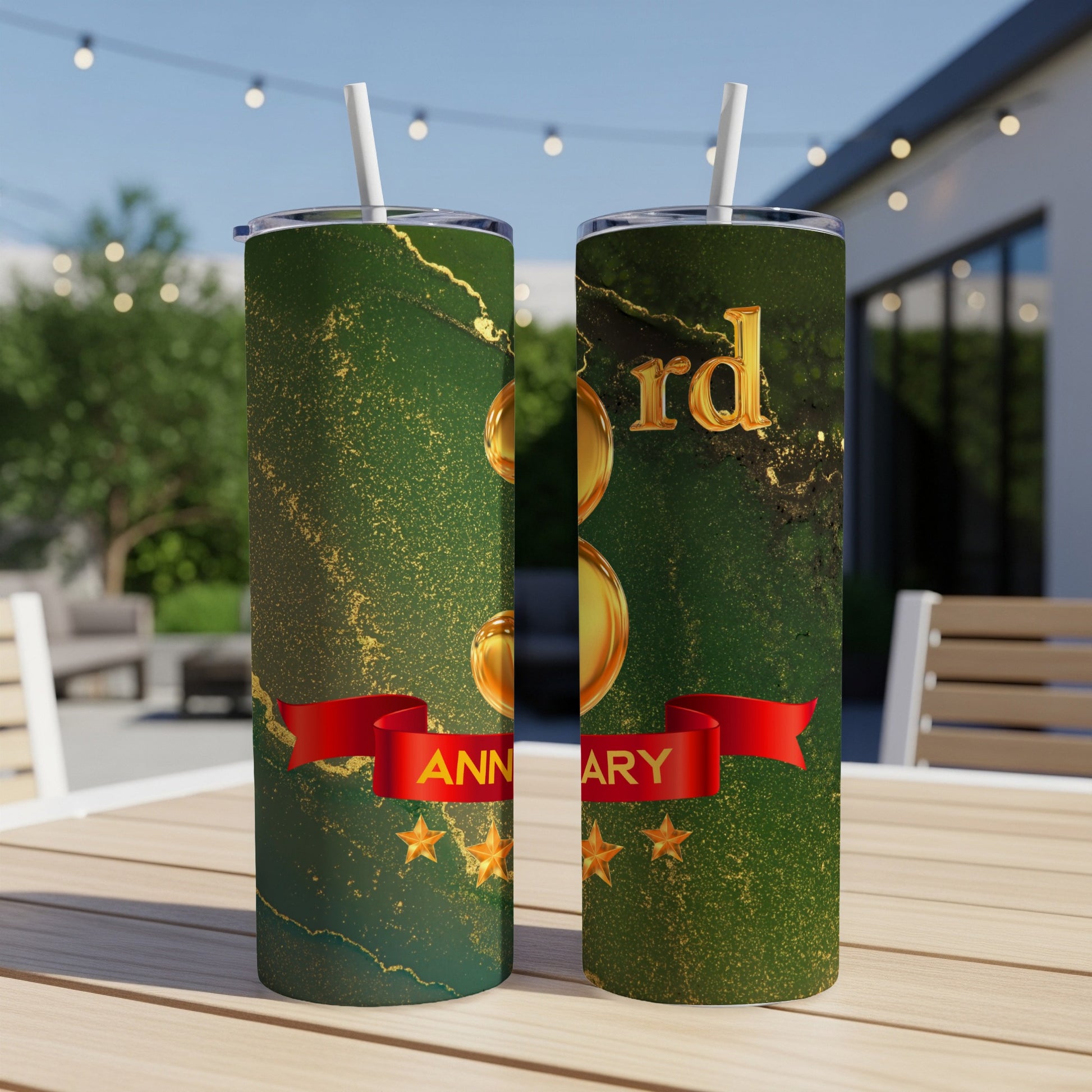 Green marble tumbler with gold "3rd Anniversary" text and red ribbon.