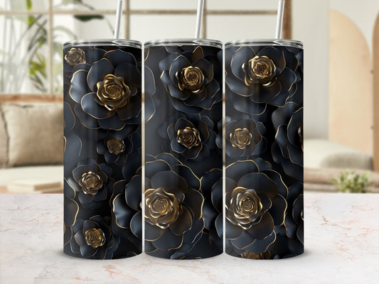Black and gold floral pattern on three tumblers with straws.