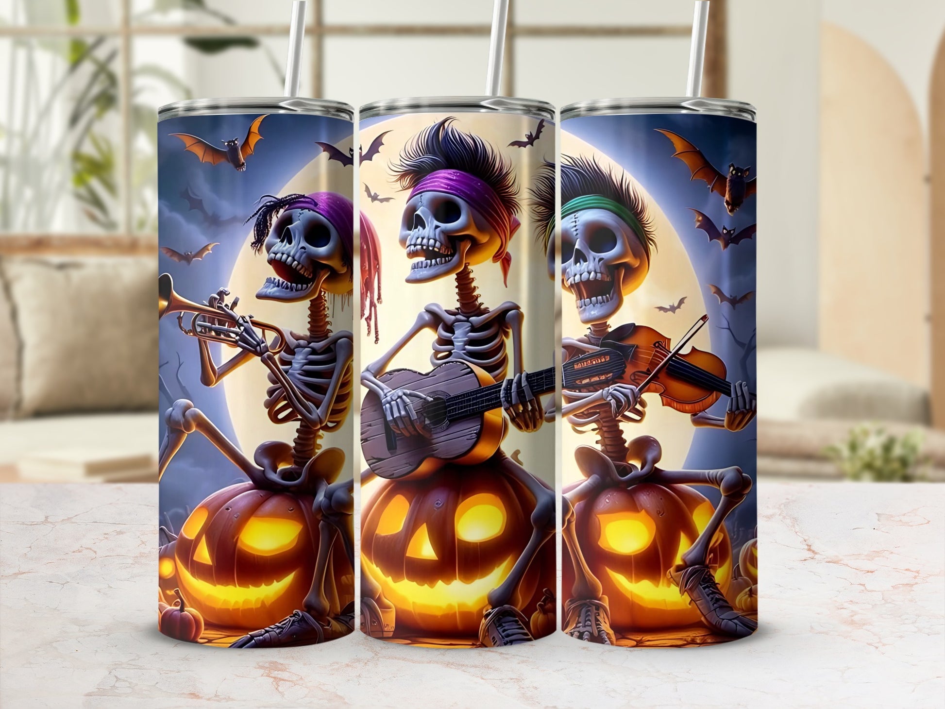Three skeletons play instruments on jack-o'-lanterns with bats and a full moon.
