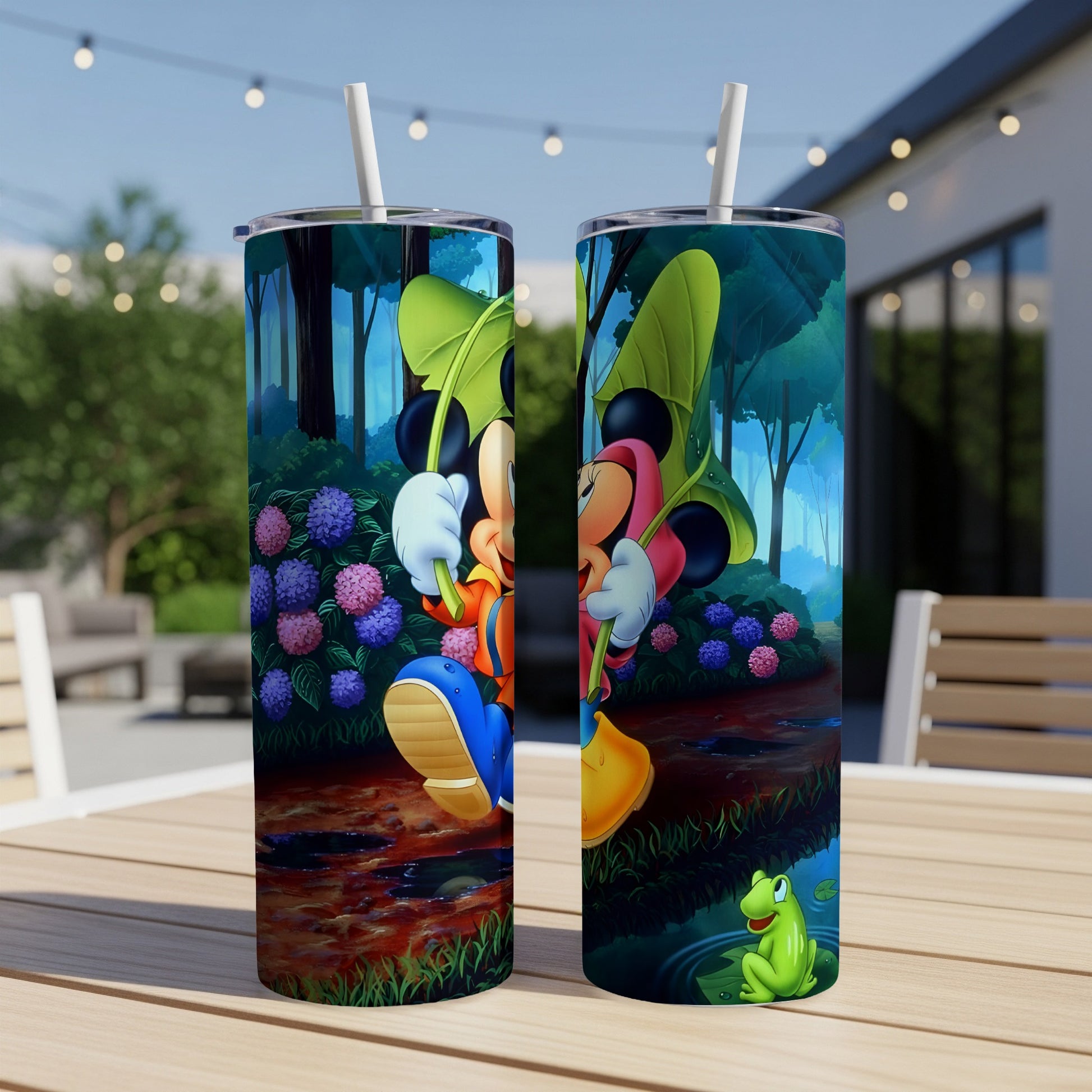 Mickey and Minnie Mouse walking through a forest with a frog by a pond.