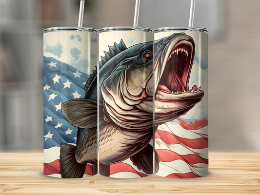 Largemouth bass and American flag design on a tumbler.