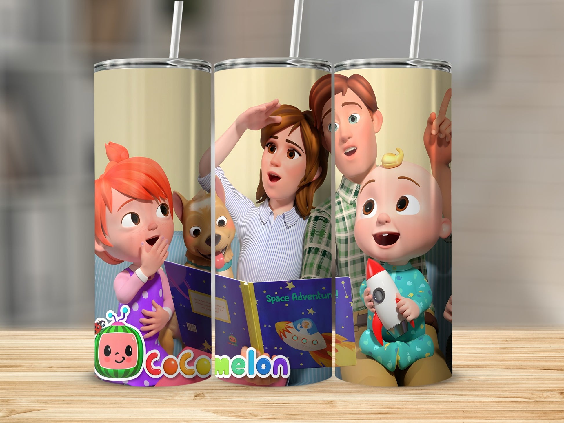 Cocomelon characters read a book about space on a tumbler.