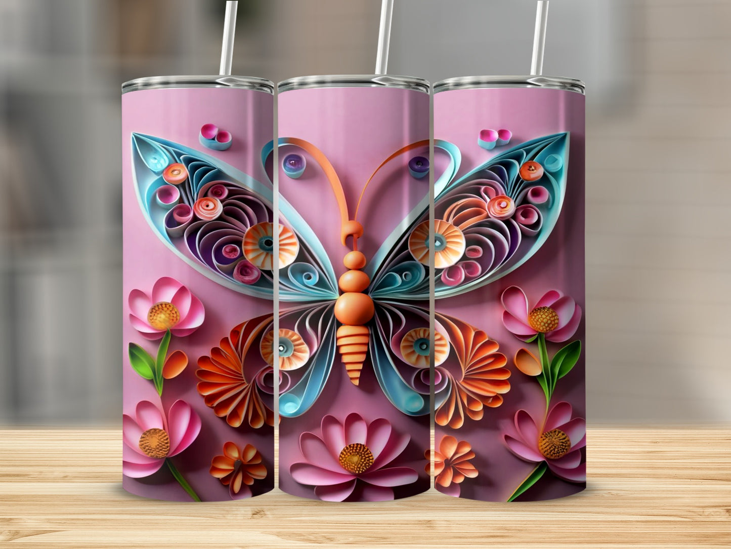 Butterfly and Floral Art Design Tumbler Cup