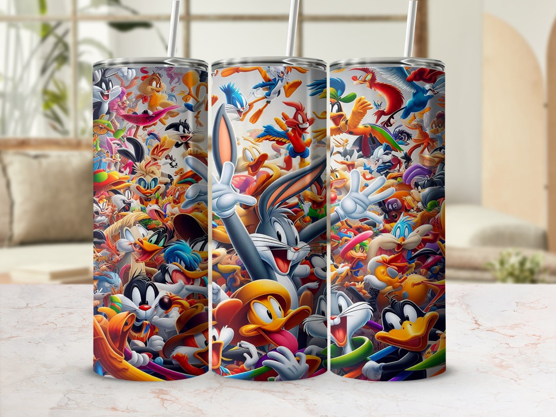 Vibrant Characters Collage Tumbler with Straw