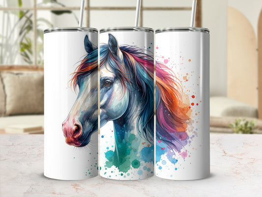 White tumbler with watercolor horse head design in vibrant colors.
