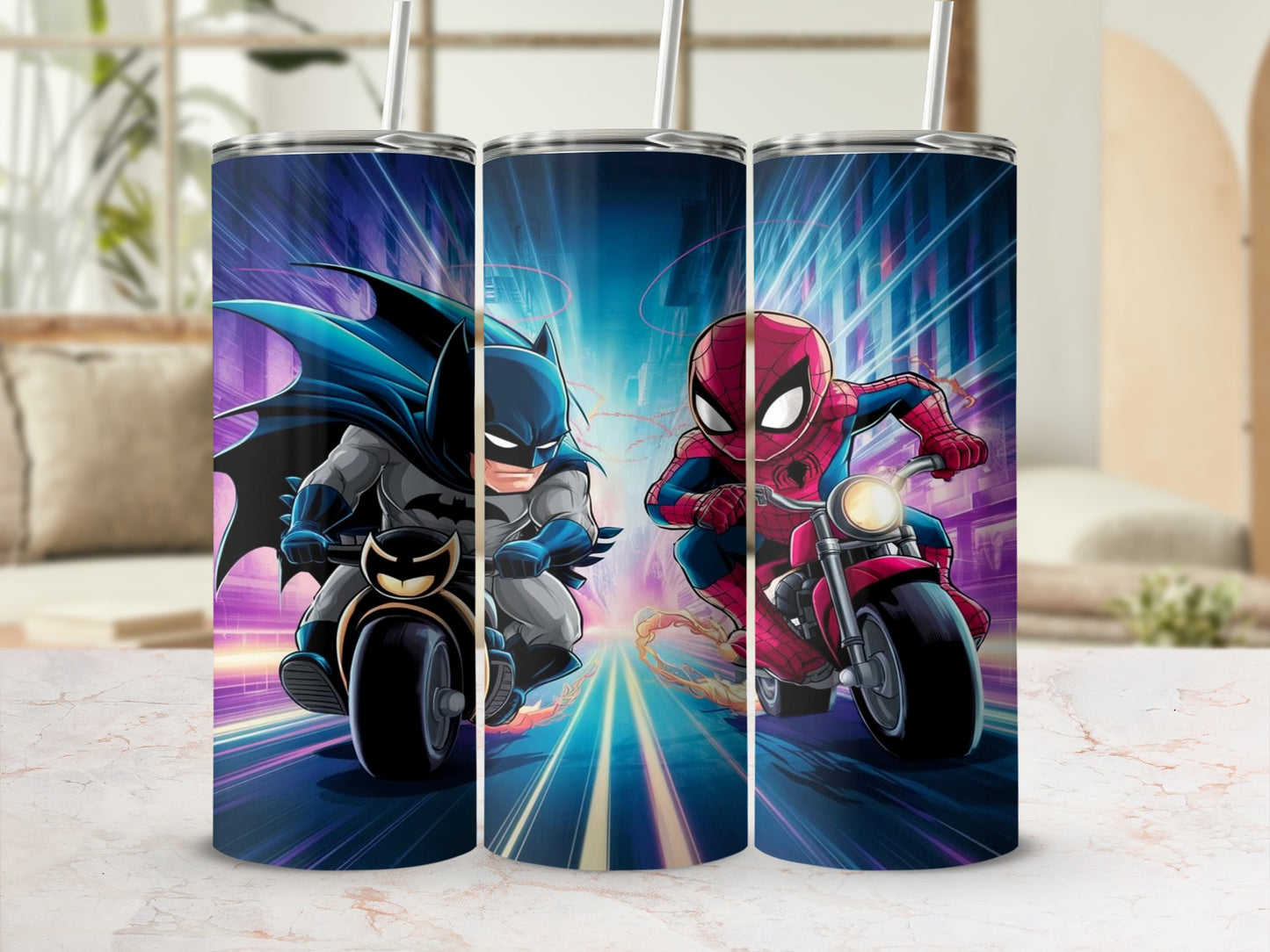 Superhero Characters on Motorcycles Insulated Tumbler