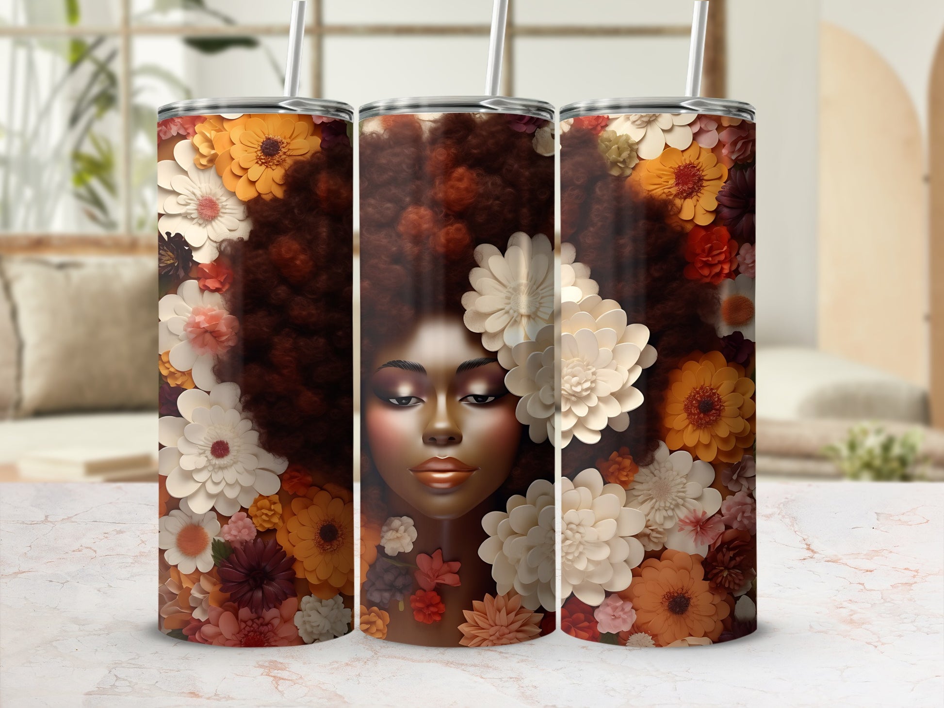 Tumbler featuring a woman's face surrounded by large, colorful floral embellishments.