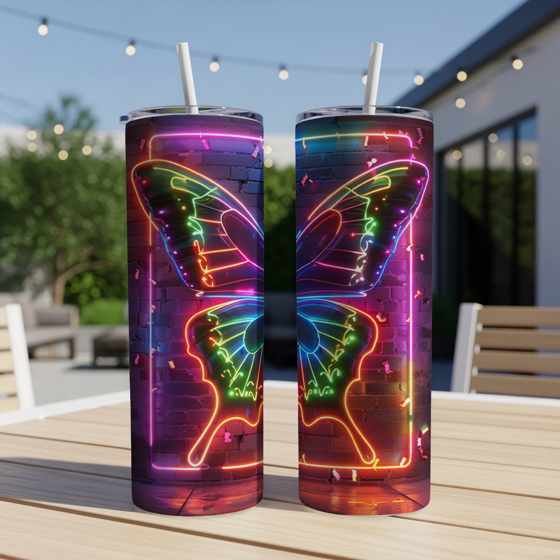 Two neon butterfly tumblers on a table with a brick wall background.